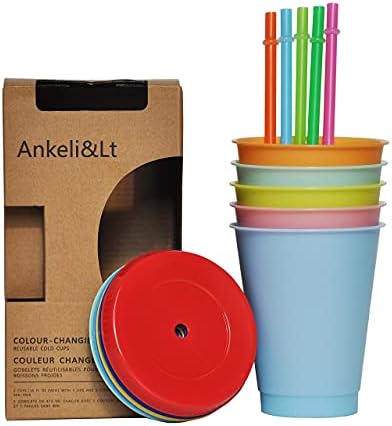 Ankeli & Lt 16 oz de copos de cor, 5 cores de copos de plástico copos reutilizáveis ​​com tampas e canudos, crianças adultas de bebidas frias, xícaras de smoothie, xícaras de café geladas, xícaras de festa, conjunto 0f 5