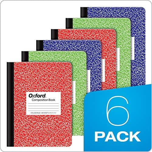 Pacote 6 de composição de Oxford 6, College governou o papel, 9-3/4 x 7-1/2 polegadas, 100 folhas, capas de mármore variadas. 2 cada: azul, verde, vermelho