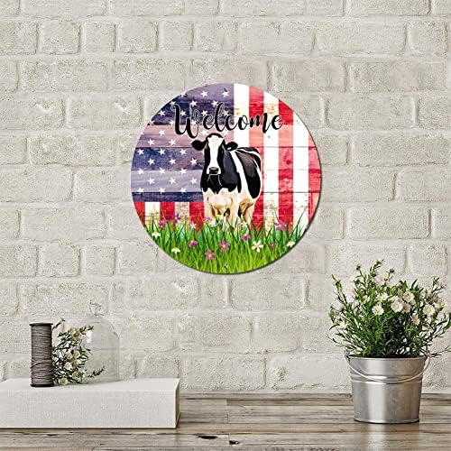 Lata de metal redonda sinal de boas -vindas sinal de boas -vindas bandeira dos EUA Flores do gramado e vacas Retor