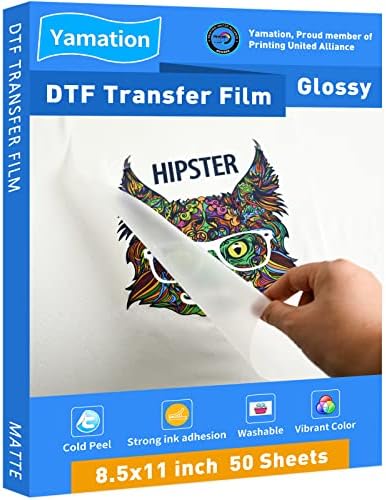YAMATION DTF FILMO DE TRANSFERÊNCIA DE TRANSFERÊNCIA: 8,5 x 11 polegada 50 folhas de papel de estimação Pet Glossy Clear Coll Clear Direct to Film Transfer Film para camiseta