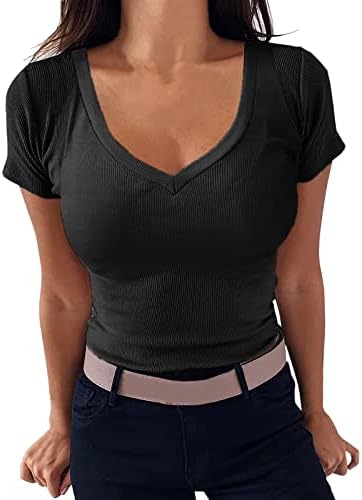 Tops de verão feminino Mulheres v pescoço de pescoço equipado camiseta apertada camiseta curta de manga curta malha básica top