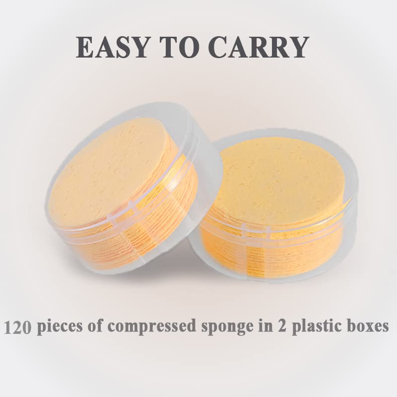 Esponjas faciais, esponjas faciais compactadas de 120 peças com 2 recipientes de armazenamento, esponja de spa