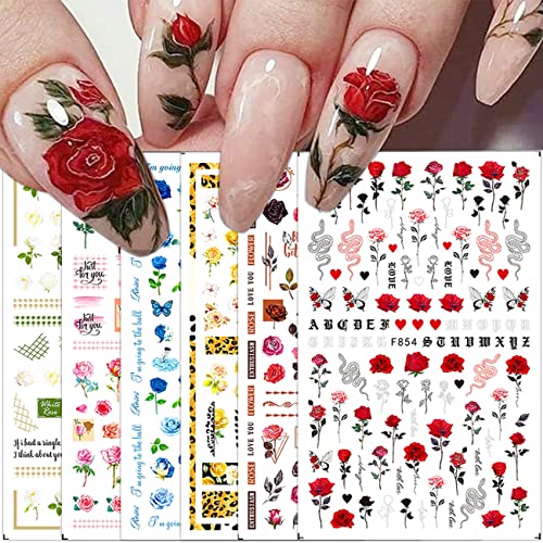 6 lençóis adesivos de arte da flor da flor, decalques de unhas de rosa da primavera 3d design