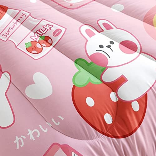 Bailipromise Kawaii Rabbit Consolador Timeiro Twin, edredom de morango rosa Conjunto para crianças adolescentes, Kawaii 3pcs Bedding Conjunto de edredom impresso com 2 travesseiros, macio e leve