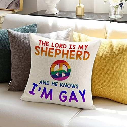 Tampa de travesseiro de arremesso O Senhor é meu pastor e ele sabe que eu sou uma almofada gay de travesseiro gay lésbica LGBTQ Cushion Cover rustic arco -íris decortaive travesseiro decoração para sofá quarto quarto 20x20in