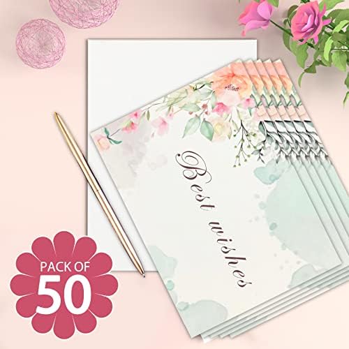 Whslilr 50 pacote 4,5 x 3,3 Floral Wishes Greeting cartões com caneta dourada perfeita para festas de