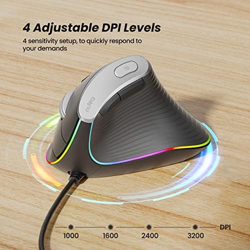 Nulea com mouse vertical com fio, mouse óptico ergonômico USB com 4 DPI ajustável, 11 modos de luz de fundo RGB,