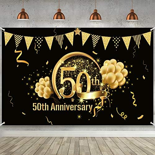 Decorações do 50º aniversário, pôster de sinal de ouro preto de tecido extra grande para o 50º aniversário da bandeira da cabine de fundo do pano de fundo 50º de festa de aniversário de 50ª festa
