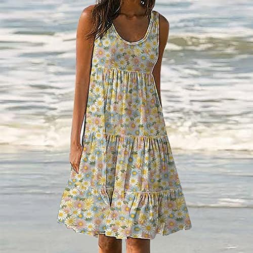 LCZIWO Vestidos de camisa de camiseta casual de verão para mulheres sem mangas estampados de praia estamada na praia vestido plissado em camadas