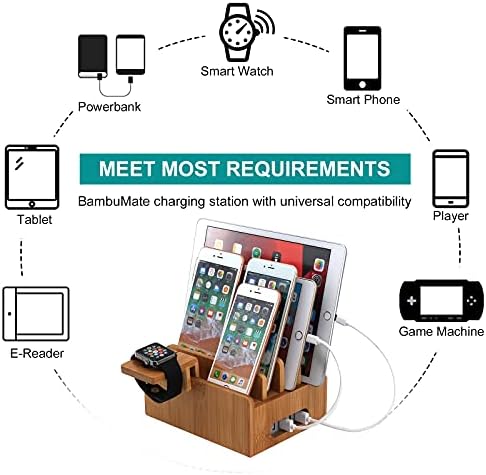 Estação de carregamento de telefone celular de bambu, organizador de carregador para vários dispositivos compatíveis com telefones celulares, relógio, tablet -Bambumate
