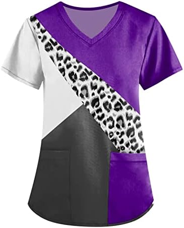 Mulheres esfoliações, esfoliações de tamanho grande tampa de manga curta para mulheres enfermeiras Scrubs Leopard Patchwork T-shirts Print Tops
