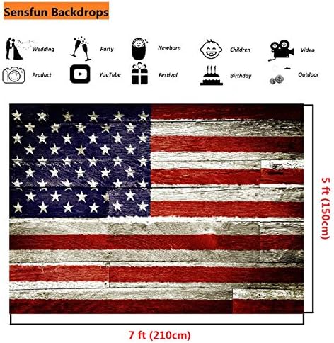 Sensfun 7x5ft American Flag Photography Castações dos EUA Estrelas e listras em papel de parede de tábuas de madeira de madeira de madeira Fundo