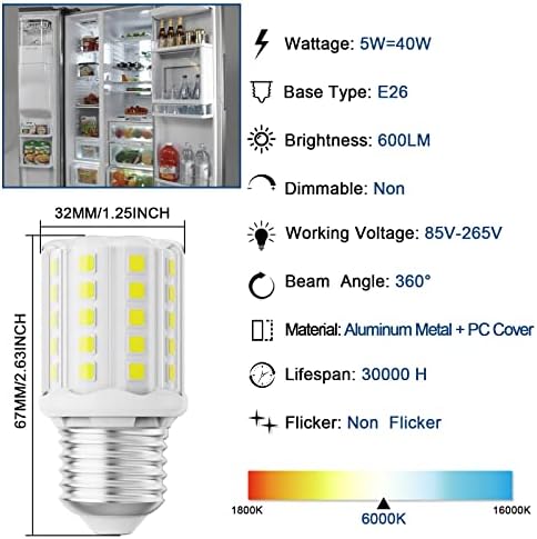 Lâmpada de geladeira LED DKJWDK Bulbo de 5W de 40 watts Lâmpadas de freezer equivalentes E26 Florba base Lâmpada de lâmpada A15 Bulbos de eletrodomésticos 120V Day Light 6000k 600lm, 2 pacote