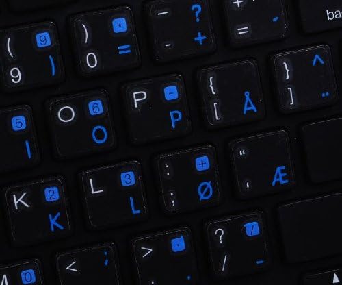 Layout de etiquetas de teclado norueguês com um fundo transparente de letras azuis para desktop, laptop e notebook são compatíveis com a Apple
