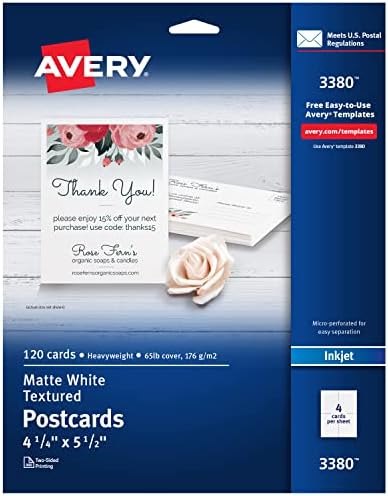 Cartões imprimíveis de Avery, impressoras a jato de tinta, 120 cartões, 4,25 x 5,5, peso pesado, texturizado e fácil casca de etiquetas de endereço imprimíveis com rótulos seguros, 1 x 2-5/8, branco, 750 Etiquetas de discussão em branco