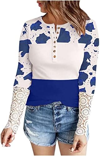 Tops de manga comprida feminina Button V Lace de pescoço de renda Henley camisas de leopardo bloco colorido