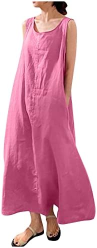 Vestido de manga longa feminina Suspender de linho de algodão de bolso solto de bolso redondo vestido sem