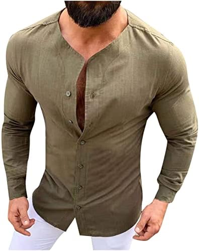 Button de linho masculino Cardigan Sleeved Camisa Casual Músculo Slim Fit Summer Beach Blouse Top