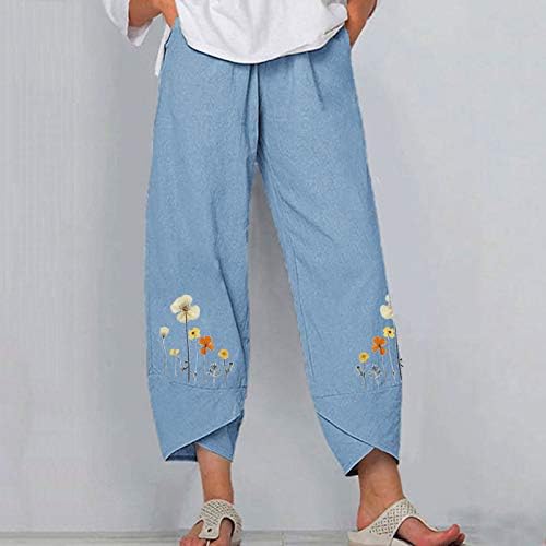 2023 calças de linho de algodão, feminino casual perna larga Palazzo yoga capris estampa floral calças