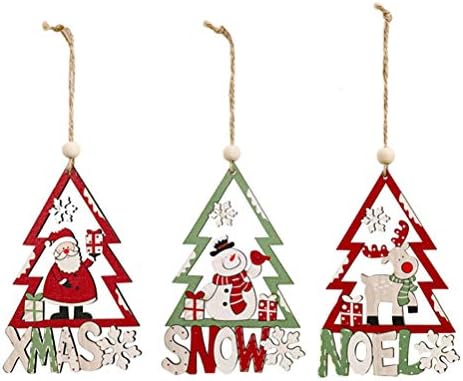 Nuobesty Elk Decor 3pcs Árvore de Natal Ornamentos pendurados de madeira Papai Noel Tags de