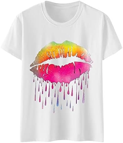Manga curta feminina lábios coloridos t-shirt de verão Round Round Pescoço fofo camisetas gráficas top