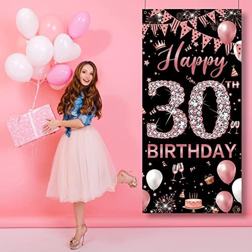 Banner de porta de decoração de 30º aniversário, ouro rosa feliz 30º aniversário decorações para mulheres,