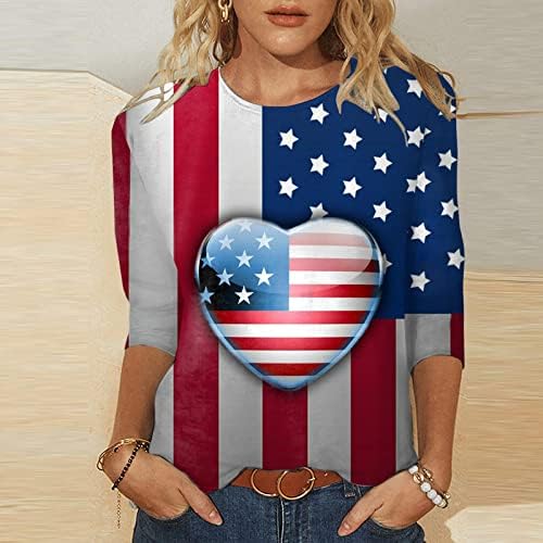 4 de julho Camisas para mulheres American Flag Summer 3/4 Sleeve Crew pescoço camisetas de três quartos de férias de férias casuais blusas