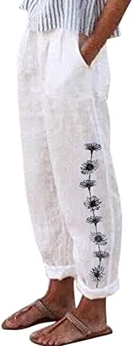 Calça feminina para trabalho de algodão imprimido calças retas longas com bolsos calças de cintura Mulheres