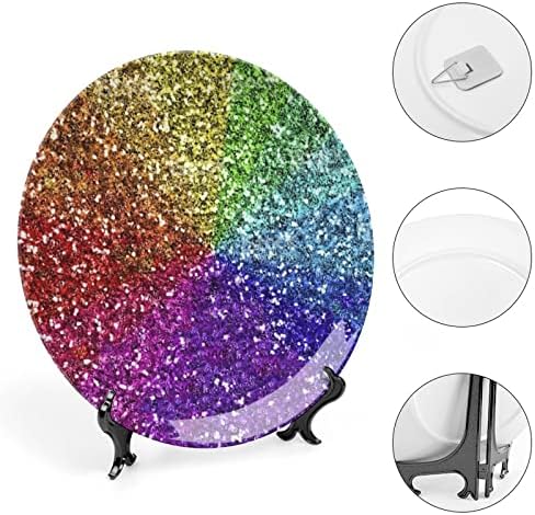 Rainbow Glitter Background Bone China personalizada Cerâmica Placas decorativas redondas em casa com suporte de exibição 10 polegadas