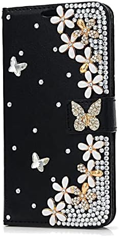 Fairy Art Crystal Cartlet Caixa de telefone compatível com Samsung Galaxy A53 5G - Flores - Black - 3D Tampa de couro com brilho brilhante com protetor de tela e cordão de telefone com contas