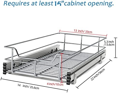 Armazenamento de gaveta de gaveta deslizante de cesta de fios de arame de arame de armazenamento para armários de cozinha para armários pesados, 15 ”w x 22”