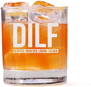 Htdesigns Dilf Gravado Whisky Glass - Dilf Gift - Presente engraçado para papai - Presentes engraçados para papai - Óculos de uísque engraçados