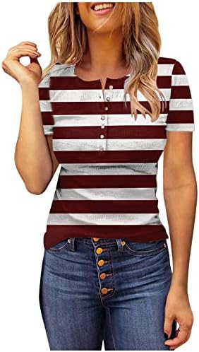 Camisas casuais de verão feminino Henley Stripe Slim Fit Tunic Tunic Tops Button Dressy V Bloups