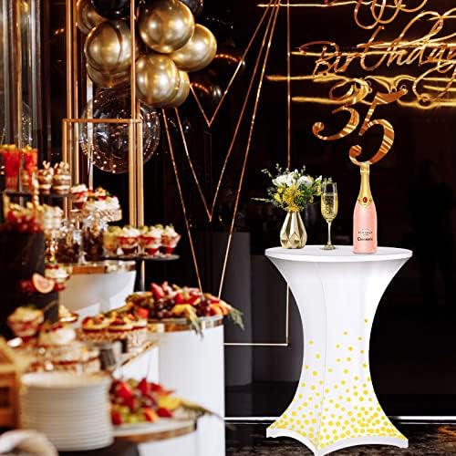 Capas de mesa de coquetel HighBoy Cocktail Table Spandex Caps Dot Gold para Feliz Ano Novo, 32 x 43 em Tocada de coquetel esticada para mesas redondas para casamento, banquete e festa