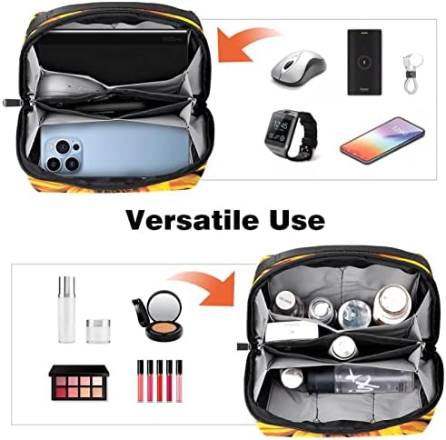 Organizador eletrônico Small Travel Cable Organizer Bag para discos rígidos, cabos, carregador, USB, cartão SD, girassóis no preto