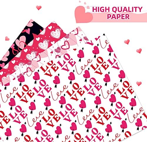 Conjunto de papel de embrulho do Dia dos Namorados - 8 lençóis Papel de embrulho para presentes do Dia dos Namorados 4 Design Love Heart Paper Red Pink White Padrivled Paper para casamento, aniversário, Dia das Mães, Dia dos Pais - 20 '' x 27 ''
