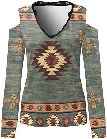 Ombro frio para mulheres vintage aztec impressão t-shirt Sexy V pescoço de pescoço camisetas de manga longa