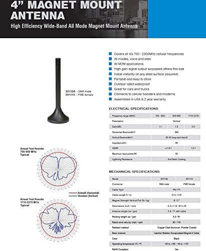 WeBoost 301126 Wilson Electronics 4g 4G Mini Magnet-Mount Antenna com SMA Male Connector, Black