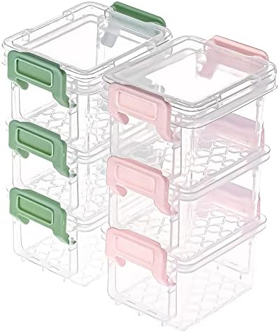 Iskybob 6 embala pequenas caixas de armazenamento com tampas, mini recipientes de armazenamento de plástico empilhável Caixa de trava de contas colorida pequeno recipientes para organizar artesanato, itens pequenos, verde+rosa