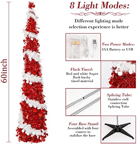 Aerwo Pop Up Tinsel Christmas Tree, Tree de Natal de Lápis Skinny de 5 pés com luzes, Prelit Red Artificial