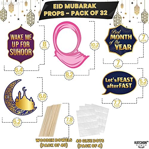 KATCHON, Eid Photo Booth adereços - pacote de 32, Decorações Eid | Adeços fotográficos do Eid para decorações de Eid Mubarak | Eid Mubarak Photo Booth adereços | Eid Mubarak Decorações para casa | Suprimentos de festa Eid