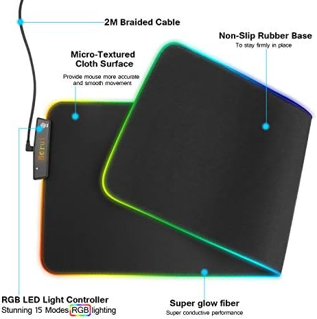 RGB Gaming Mouse Pad, Etrigger LED Mousepad grande e estendido com base de borracha sem deslizamento e 15 modos de iluminação, tapete de mouse de teclado de computador macio para jogos/esports/escritório - preto
