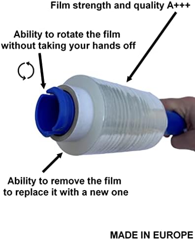 2 pacote - rolo de filme de embrulho esticado + alça de plástico com rotação - para embalagem, armazenamento, movimento, cozinhar, viajar, escritório, casa e carro.