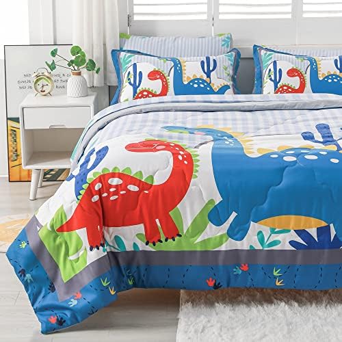 Wajade Kids Cartoon Dinosaur Consold Conjunto de cama de tamanho completo em uma bolsa para meninos e meninas, 7 peças Jungle Dinosaur Princied Bedding Conjunto inclui consolador, lençol plano, lençol, duas fronhas e shams
