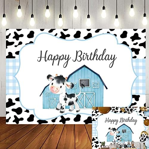 EAINB 5x3ft Farmhouse Porta de celeiro Banner Banner Cartoon Blue Barnyard Cow Photography Background Azul Branco menino Decoração de feliz aniversário Decorações de festa