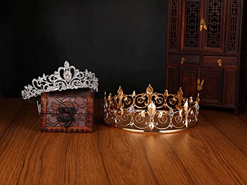 Rei Royal e Queen Crowns Set 2pcs Gold King Crowns for Men e Silver Queen Tiaras for Women Crystal