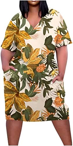Vestidos de tamanho feminino de tamanho de verão vestido de manga curta casual, floral vshirt vestido de camiseta com bolsos