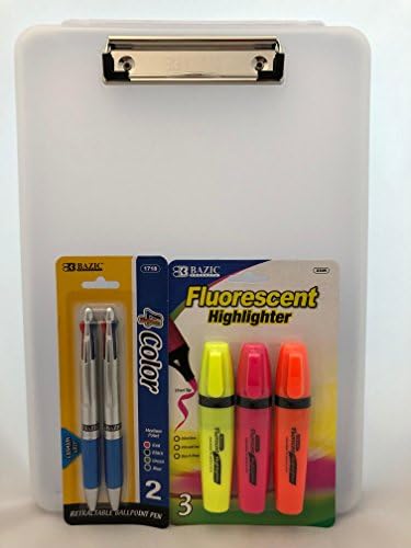 Pacote padrão de armazenamento de armazenamento de professores com 3 itens: caixa de armazenamento translúcida da área de transferência, canetas de quatro cores e marcadores fluorescentes com clipe de bolso. Disponível em 5 cores.