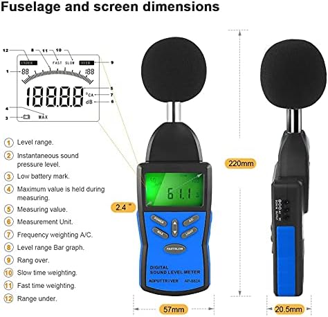 Medidor de nível de som digital de Uoeidob Digital ， Volume de ruído Testador de monitoramento de decibéis de medição com 30-130dB Teste de volume de áudio de ruído de ruído