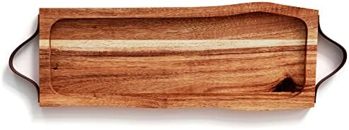 American Atelier Acacia Bandeja retangular de madeira com alça de couro | Servindo pratos com borda | Bandeja